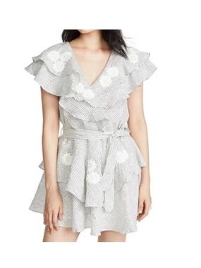 Innika Choo Fields Of Flowers Linen Flutter Ruffle Faux Wrap Mini Dress